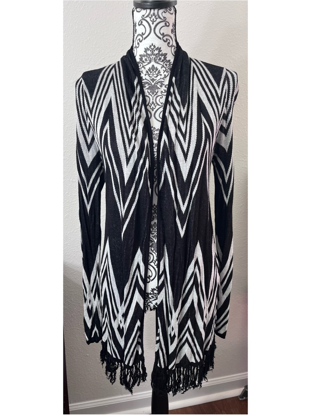 M Missoni Zig Zag Fringe Cardigan Open Weave Sweater